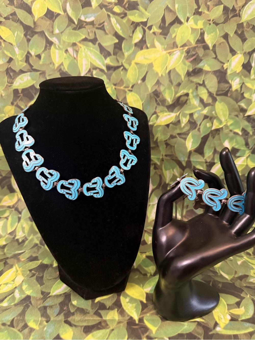 Vintage Mexico Sterling 925 Turquoise Enamel Necklace Bracelet Set